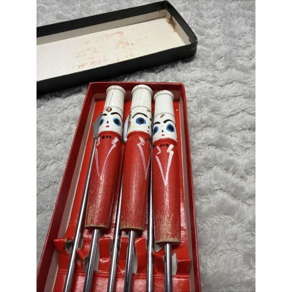 Vintage Japanese 6 Piece Kabob Skewer Set in Box with Painted Wooden Handles